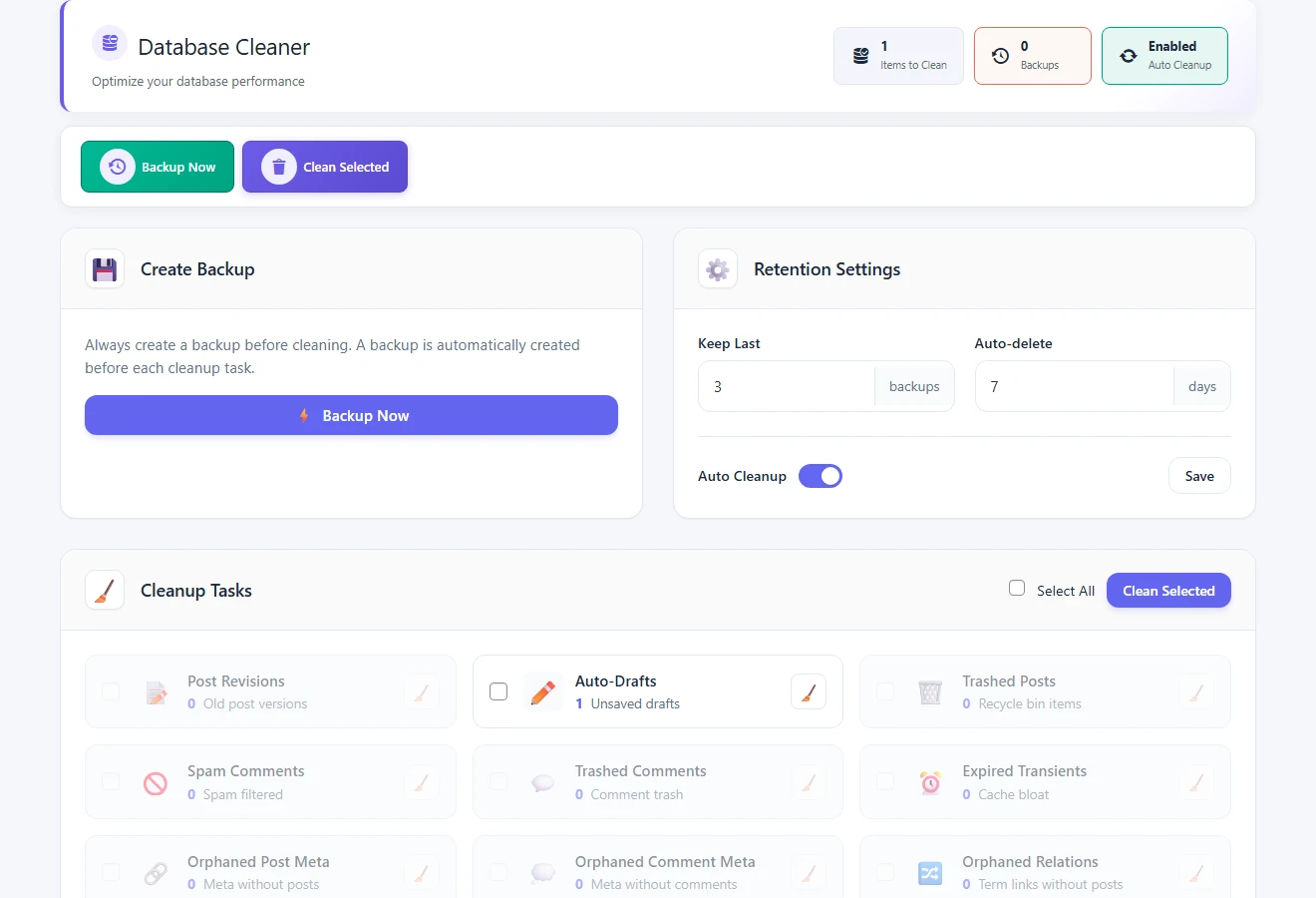 All in One WP Settings Database Cleaner cleanup tools screen